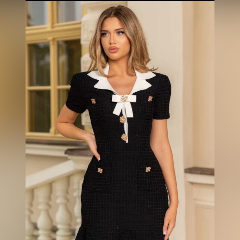 Chic Black and White Mini Dress with Bow Detail